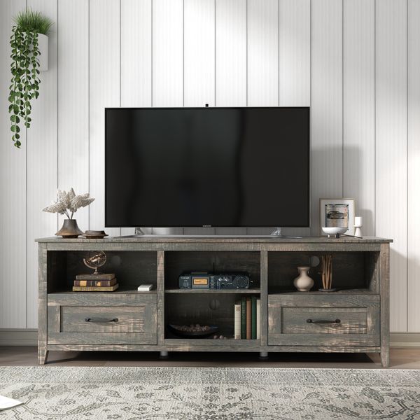 70 Inch Length TV Stand For Living Room And Bedroom, With 2 Drawers And 4 High-Capacity Storage Compartment, Black Pine_voghion.com