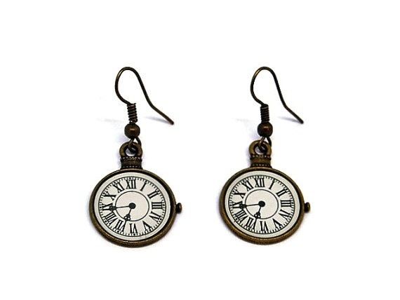 Vintage bronze clock earrings with hook earrings_voghion.com