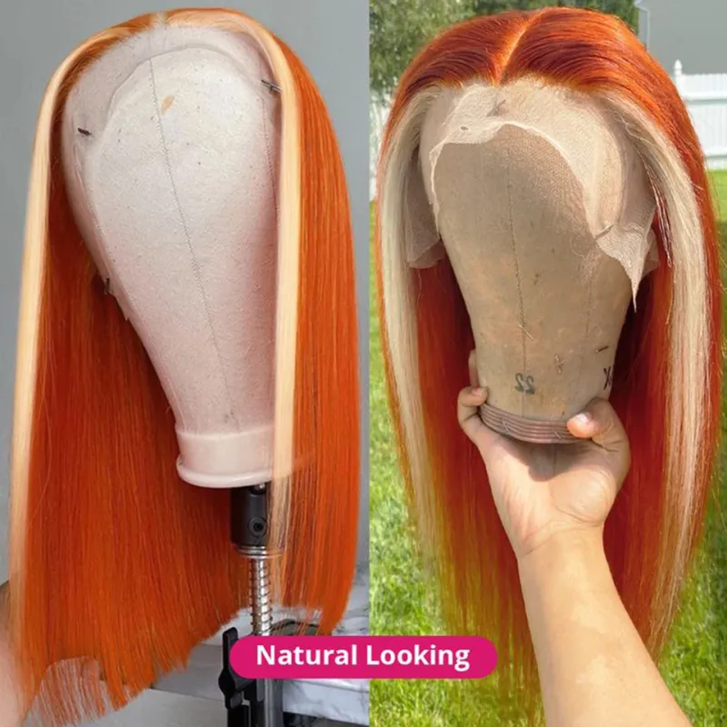 Kurze Bob-Ombre-Perücken aus Echthaar, blond, glatt, mit Spitzenfront_voghion.com