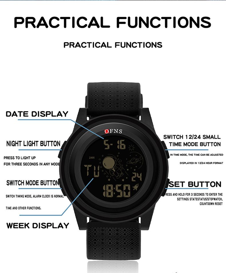 Digital Sports Watch With Astronaut Design – 50M Waterproof, LED Backlight, Countdown Timer & Dual Time – Lightweight TPU Strap_voghion.com