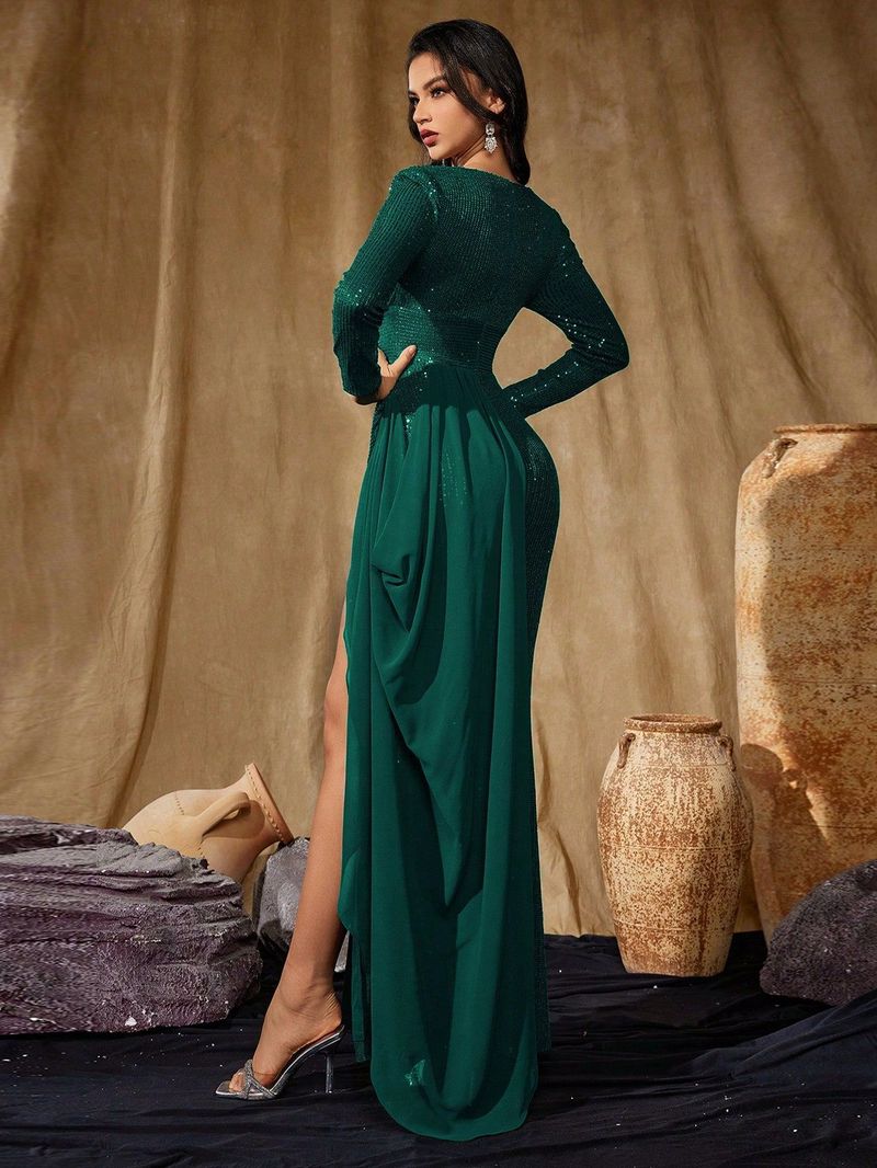 Elegante abito da sera a sirena con scollo a V e paillettes, spacco e maniche lunghe per donna – Abito da festa glamour_voghion.com