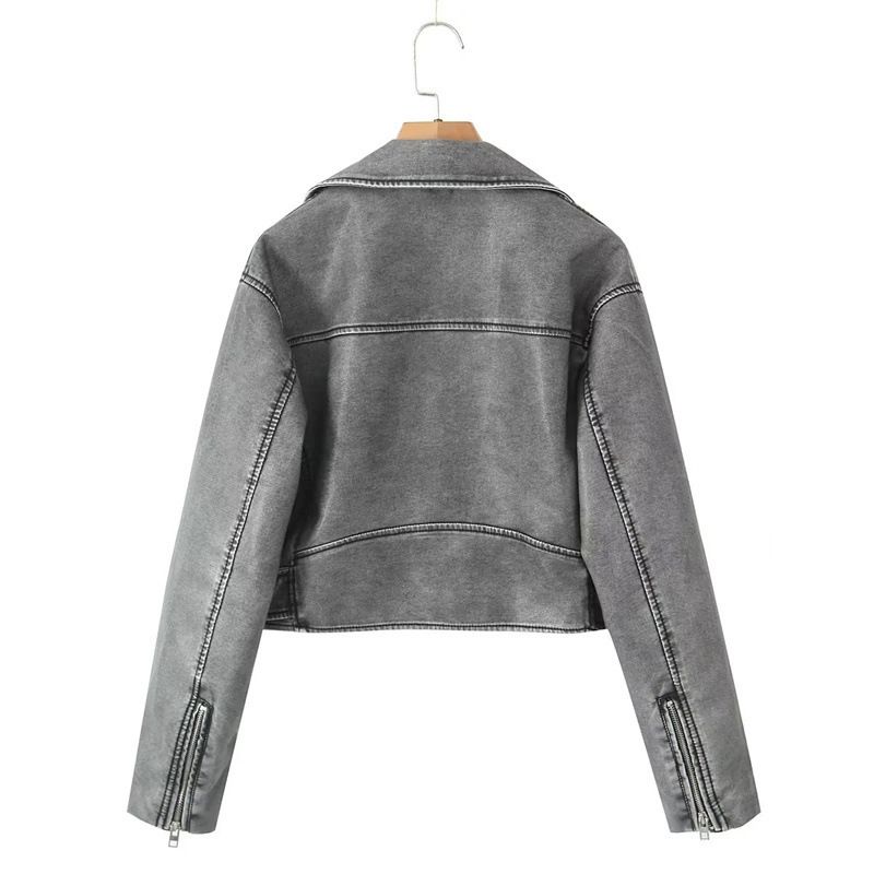 Giacca in similpelle vintage da donna – Cappotto oversize in PU con effetto slavato, stile biker streetwear con cerniera (grigio/verde militare/nero, S-L)_voghion.com