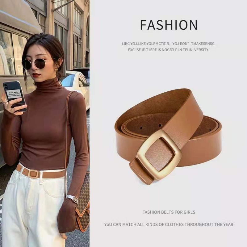 El nuevo cinturón de piel auténtica sin capas para mujer es versátil y minimalista, con un cinturón de mezclilla informal._voghion.com