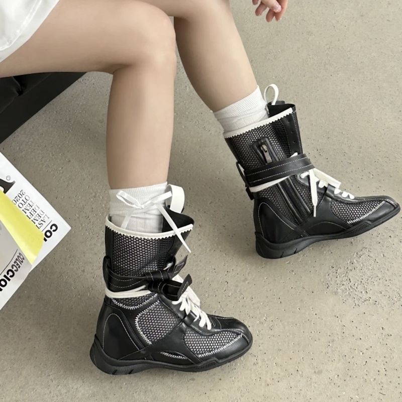Women Boxing Boots Instant Dispatch ~ Niche Design Thin Mesh For Women Summer Outdoor Wear Height Increasing Boxing Boots Lace-Up Hollow_voghion.com