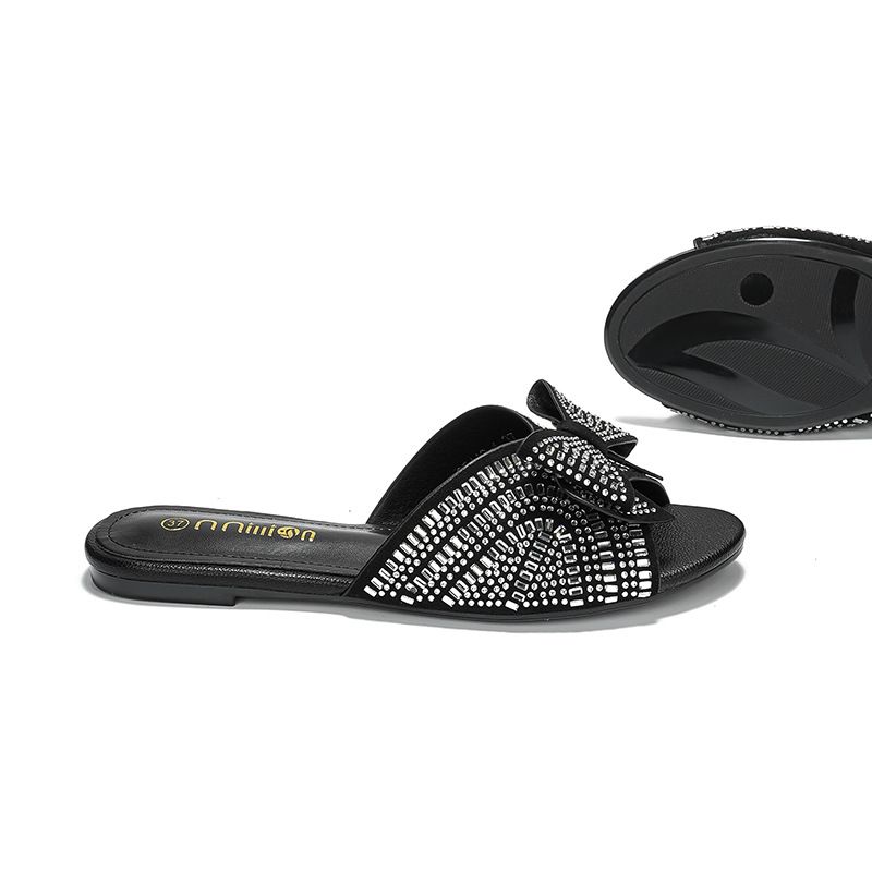 Damen-Hausschuhe Damen-Ballerinas Neue flache Slide-Sandalen für Damen mit Schleife und Strasssteinen Stilvolle Hausschuhe_voghion.com