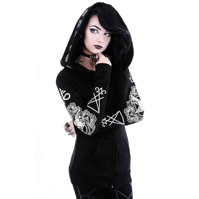 Unregelmäßige schwarze Punk-Kapuzenjacke mit Mondprint-Sweatshirt_voghion.com