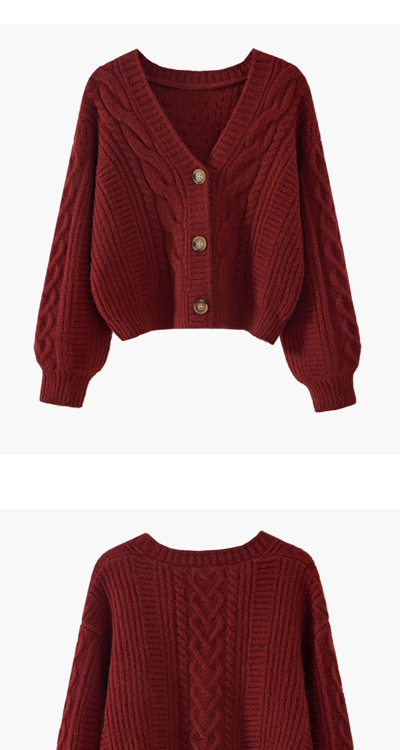 Women's Cable Knit Cardigan – Oversized V-Neck Open Front Sweater (Beige/Red/White) – One Size Fits Most_voghion.com
