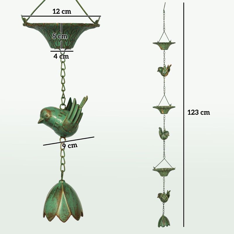 3er Set Regenkette 123 Cm, Metall-Ablaufkette Con Vogelmotiv, Grün_voghion.com