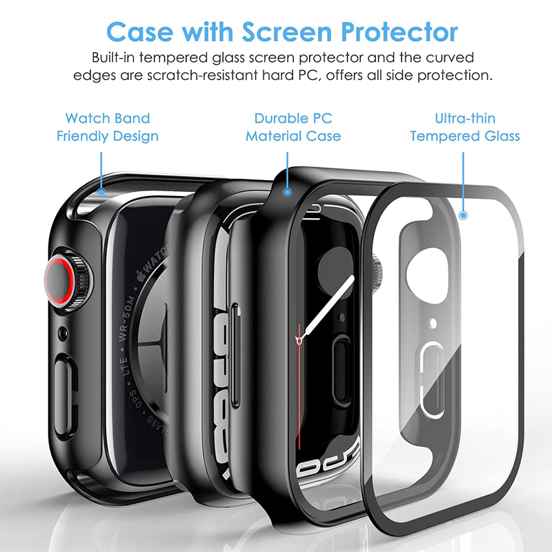 Stikls+apvalks Apple Watch maciņam 8 7 6 SE 5 3 iWatch aksesuārs Ekrāna aizsargs Apple pulksteņu sērija 44mm 45mm 40mm 41mm 38mm 42mm_voghion.com