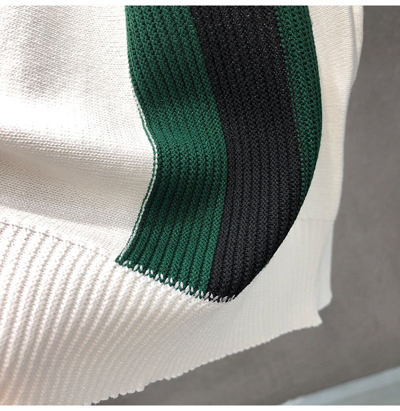 Herrenbekleidung Freizeit Ice Silk Slim Herren Vertikal Gestreiftes Revers Gestricktes Kurzarm T-Shirt Business_voghion.com