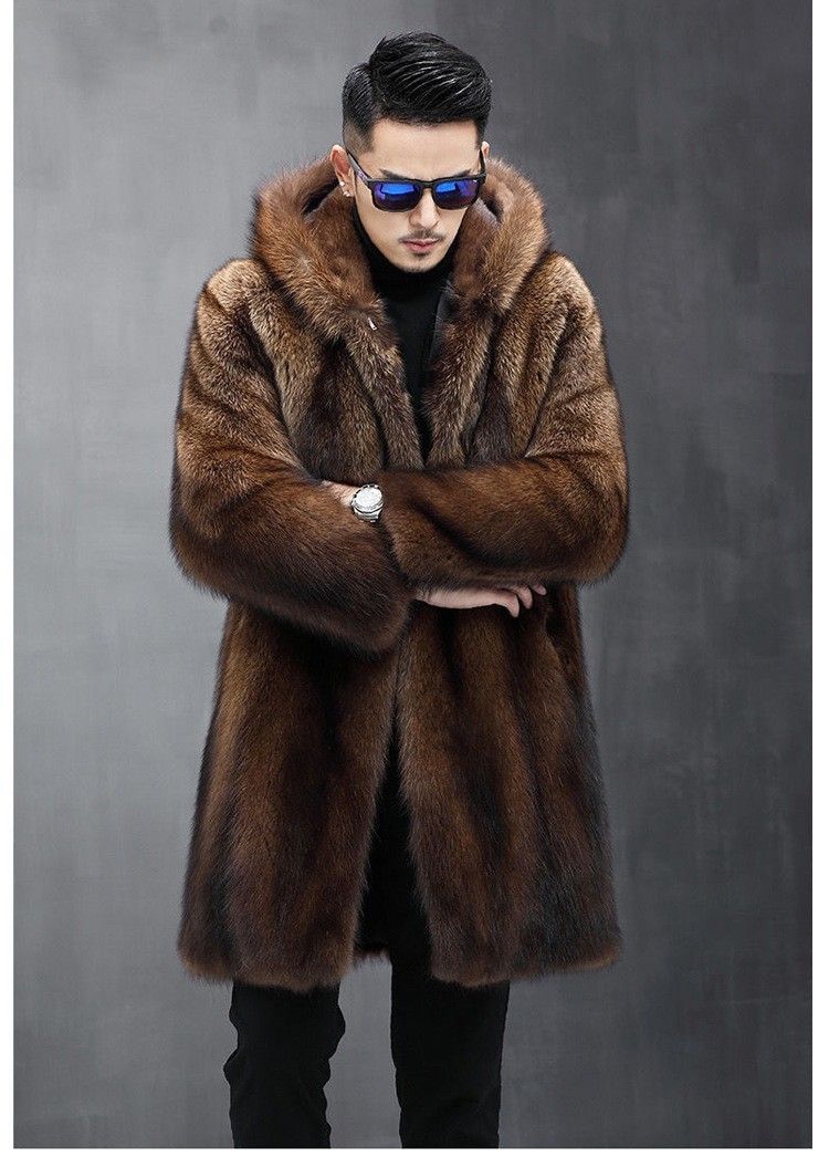 Herrenjacke aus Kunstnerz – Langer Mantel mit Kapuze und Knopfverschluss (S-5XL, Dunkelbraun)_voghion.com