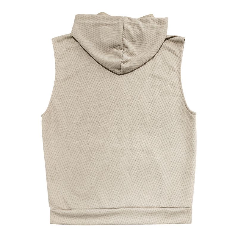 Felpa con cappuccio in maglia jacquard casual da uomo, senza maniche, con tasca applicata e coulisse_voghion.com