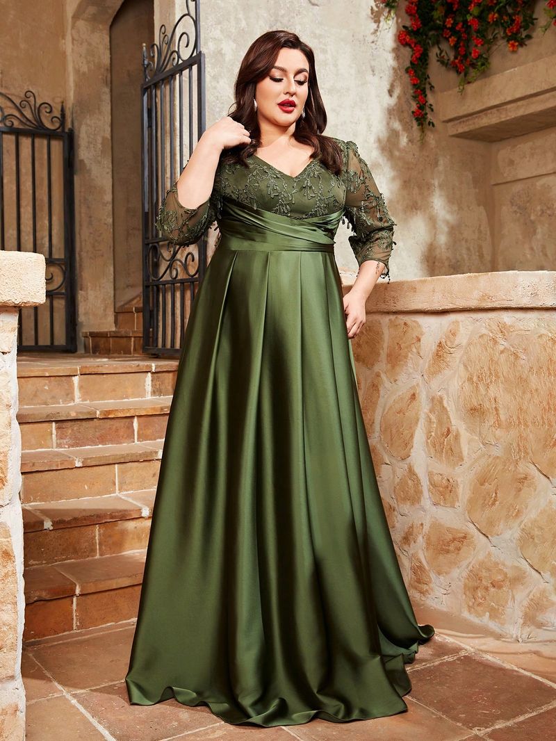 Robe de soirée grande taille Mgiacy, col en V, broderie en dentelle, tissu satiné, jupe longue pliée à la main, robe de bal_voghion.com