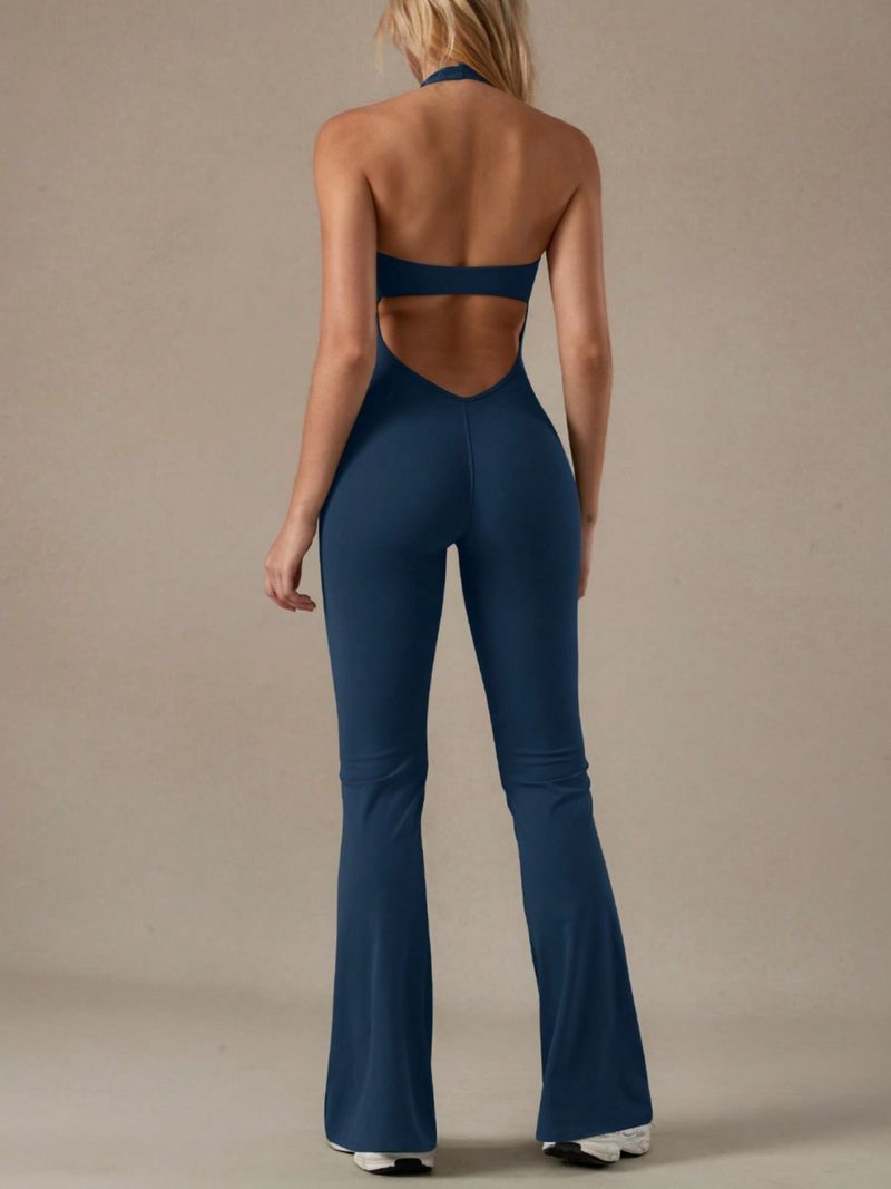 Tuta da yoga in pizzo con scollo a V per donna, alla moda, con scollo a V, pantaloni a zampa d'elefante e scollatura a V per stringere i fianchi_voghion.com