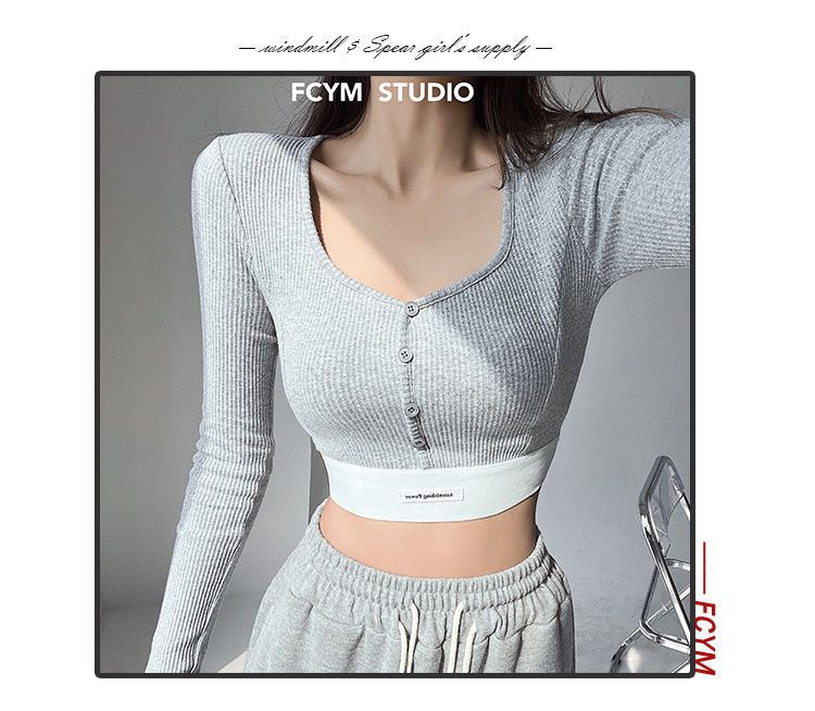 Maglietta sexy attillata e attillata a maniche lunghe per ragazze piccanti da donna, con etichetta monopetto, scollo quadrato e scollo a V._voghion.com