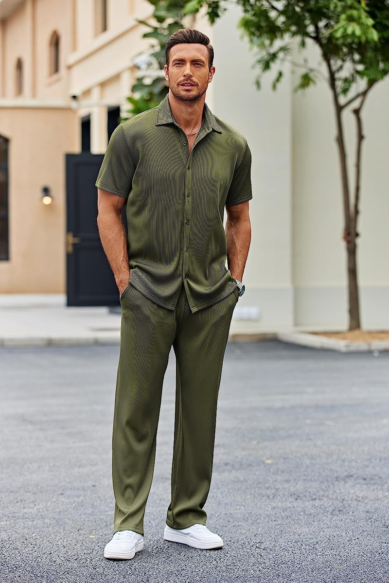 Calças compridas de manga curta de cor sólida masculina nova solta conjunto casual_voghion.com