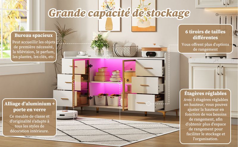Küchenschrank Weiß 160x87cm, 6 Schubladen, Glastüren, LED-Beleuchtung, Goldgriffe_voghion.com