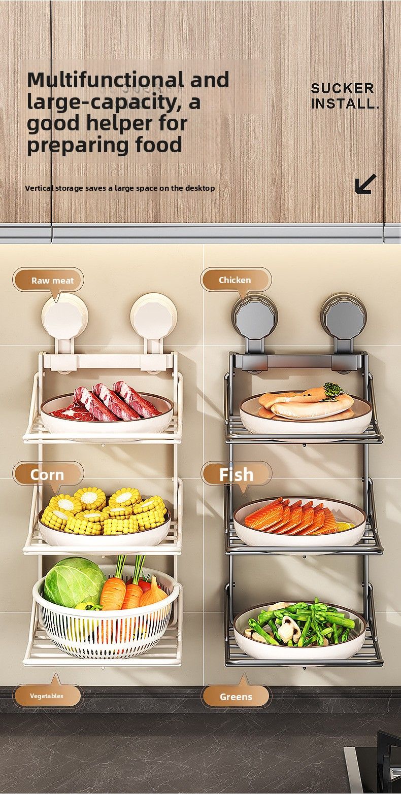 New Kitchen Suction Cup Household Multi-layer No-drill Prep Tool Wall-mounted Storage Rack_voghion.com