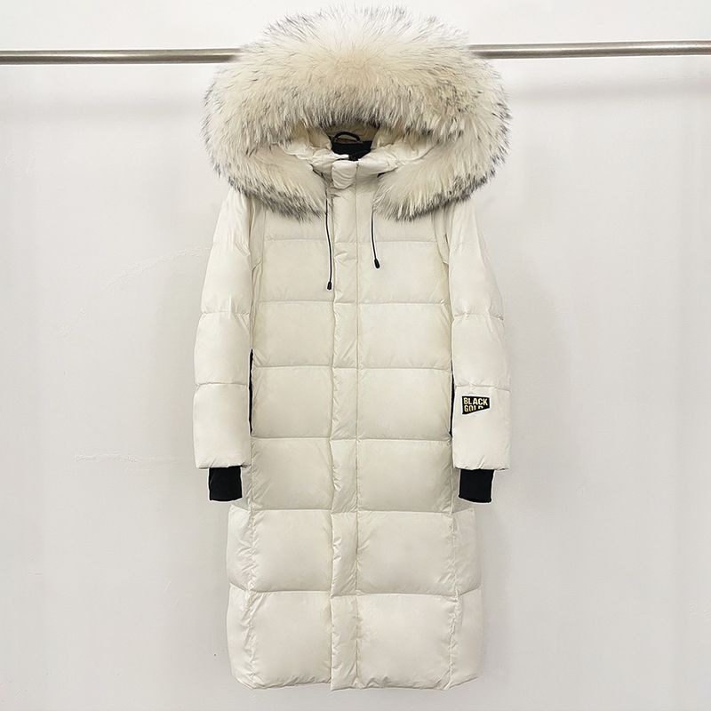 Abbigliamento da donna Cappotto in piumino d'oca Premium Gold Parka lungo extra caldo con cappuccio in pelliccia staccabile Soprabito invernale con lussuosa rifinitura in pelliccia di volpe/procione_voghion.com