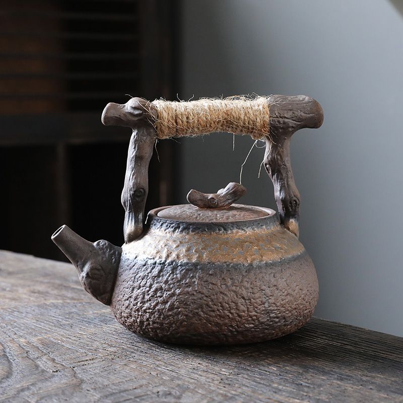 Ancient Japanese Style Coarse Pottery Plum Blossom Side Handle Fragrant Teapot Gold-Plated Iron Glaze Single Person_voghion.com