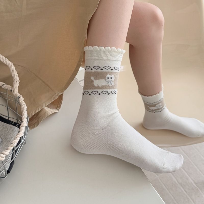 Women's 2025 Fall/Winter New Pure Cotton Gray-Blue Color-Blocked Knee-High Socks_voghion.com