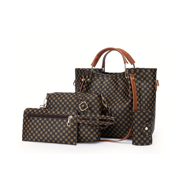 4pcs Geometric Pattern Shoulder Bag Set, Women's Bucket Handbag, Crossbody Bag, Clutch Wallet, Card Bag_voghion.com
