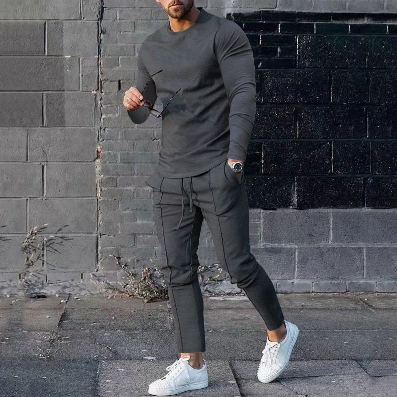 Completo sportivo da uomo casual a due pezzi, completo autunno 2025 con scollo rotondo, maglietta a maniche lunghe e pantaloni_voghion.com