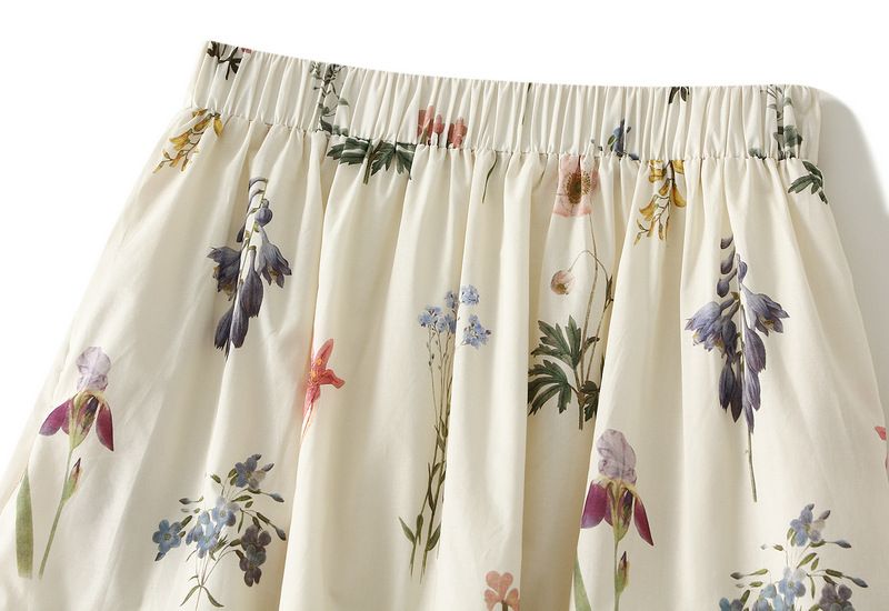Gonna midi a vita alta con drappeggio floreale per donna; gonna a trapezio; abito lungo._voghion.com