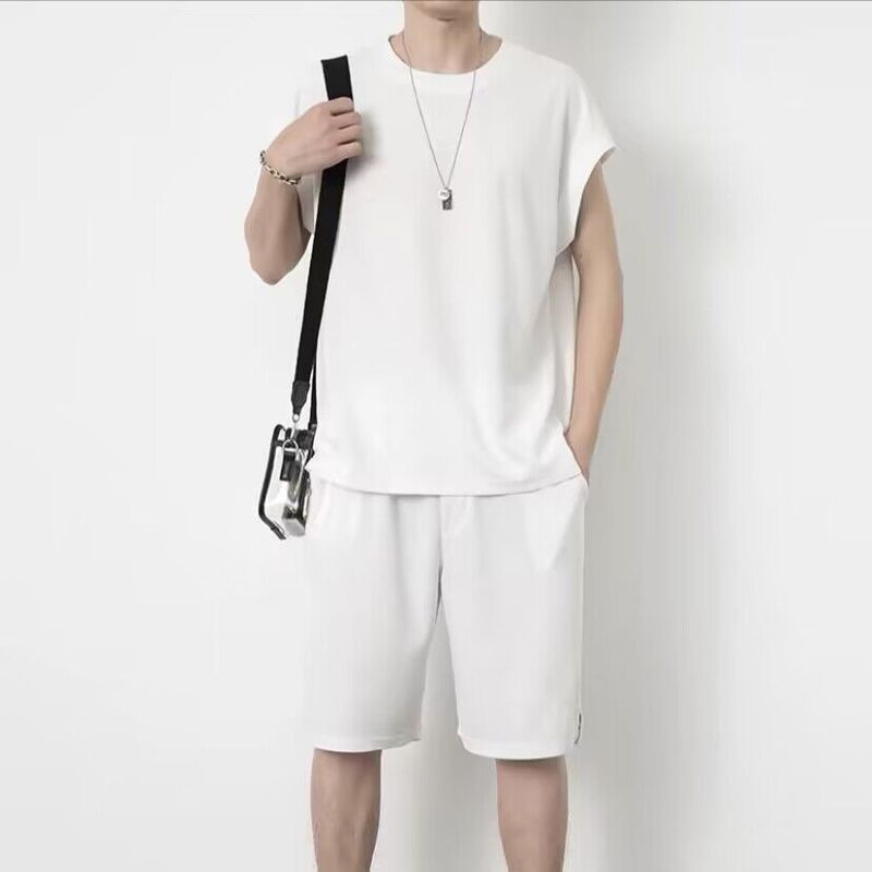 Completo sportivo da uomo in due pezzi, con maglietta senza maniche estiva, canotta casual, pantaloncini e sottile tessuto in seta ghiacciata_voghion.com
