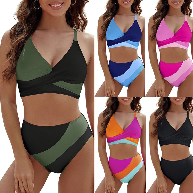 Farbblockierendes 2-teiliges Träger-Cross-BH-Top für Damen, Strandurlaub, Badeanzug, Bikini-Set_voghion.com