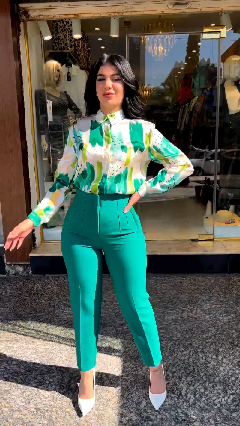 Women's summer temperament long-sleeved shirt high-waisted nine-point pants and small-leg pants suit_voghion.com