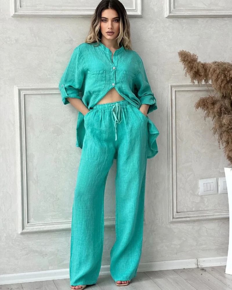 Dammekleeder Summer Neit Dammeset Grouss Gréisst Kotteng a Léngen Hemdset Héichtaille Loose Hosen_voghion.com