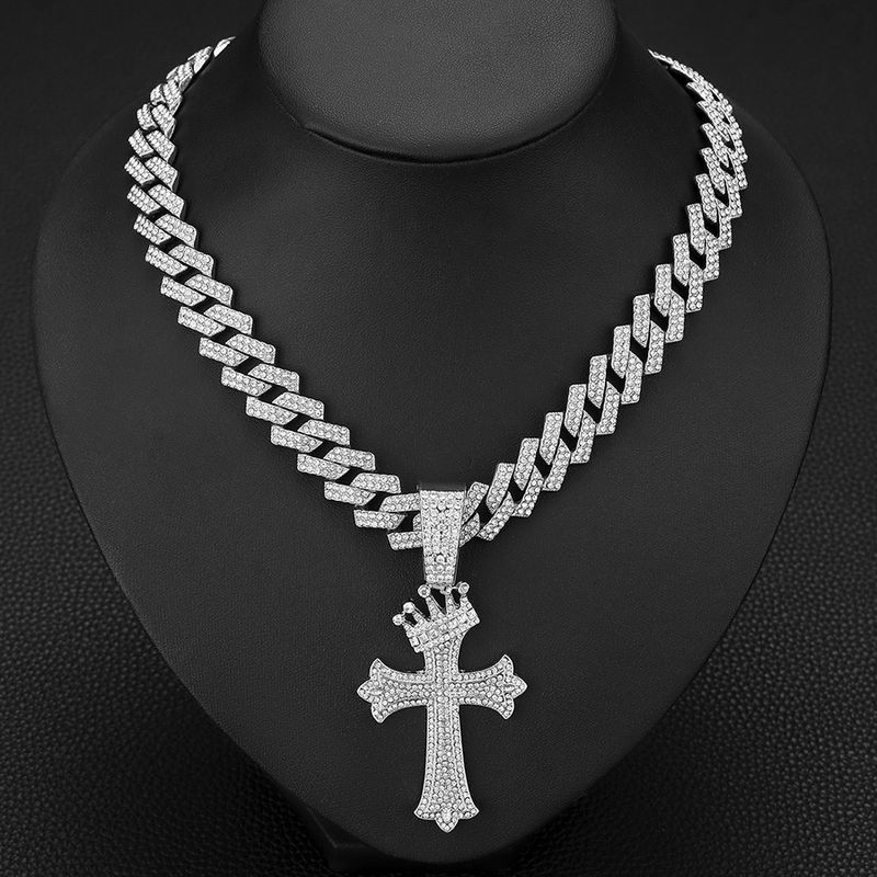 Halskette mit Kronen-Kreuz-Anhänger aus Diamanten, Diamant-Halskette aus Legierung für Männer und Frauen, kubanische Kette in Diamantform_voghion.com