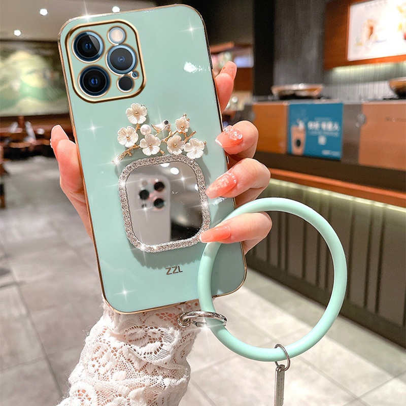 Plating Bracelet Case For Samsung A34 A54 A53 A32 A33 A22 A13 4G 5G A12 A73 A25 A31 A21S A14 Plum Flower Square Mirror_voghion.com