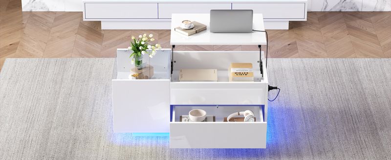 Table basse réglable en hauteur 95 x 48 x 42 cm avec rangement dissimulé, éclairage LED, tiroir et prise – Table d'appoint de salon blanche_voghion.com