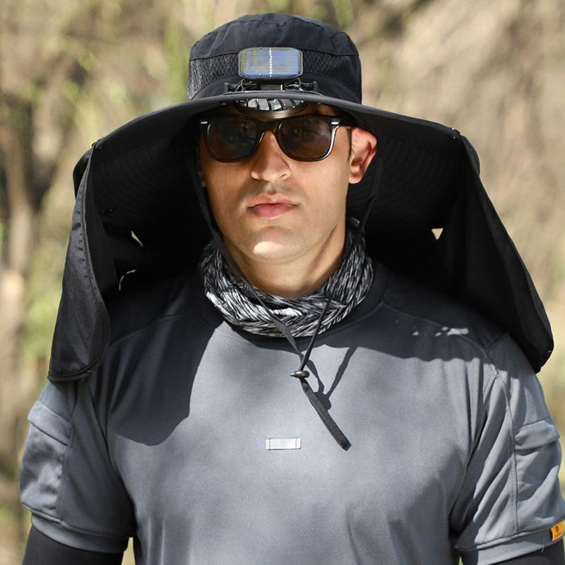 Nuovi arrivi Cappello a secchiello con tesa larga UPF50+ impermeabile con ventola ad energia solare per pesca, escursionismo, campeggio, protezione solare per testa, collo_voghion.com