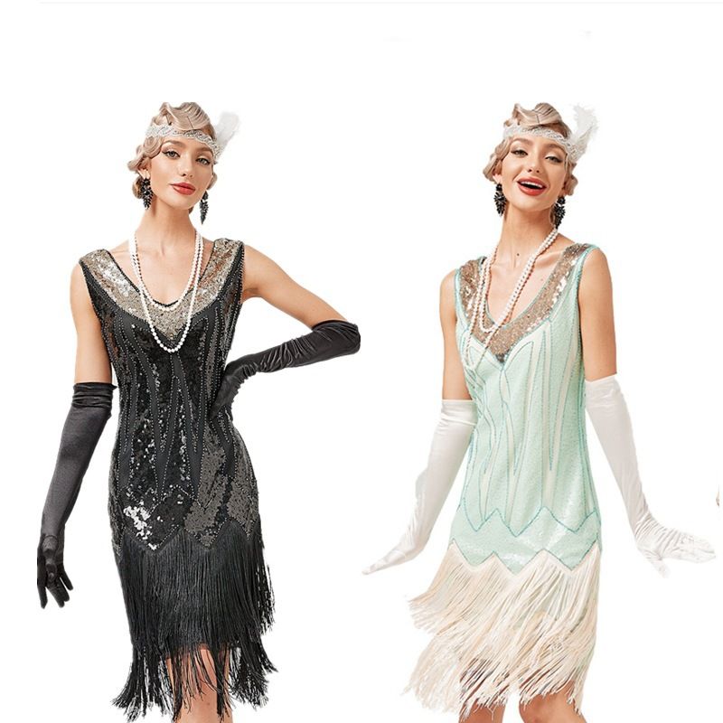 Rochie cu paiete, decolteu, ciucure, costum Gatsby, anii 1920SV, pentru dans latino, bal_voghion.com
