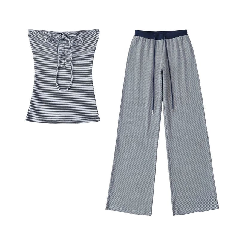 Strapless gestreepte tube trekkoord vest top lage taille gedrapeerde rechte vloerlange broek set_voghion.com