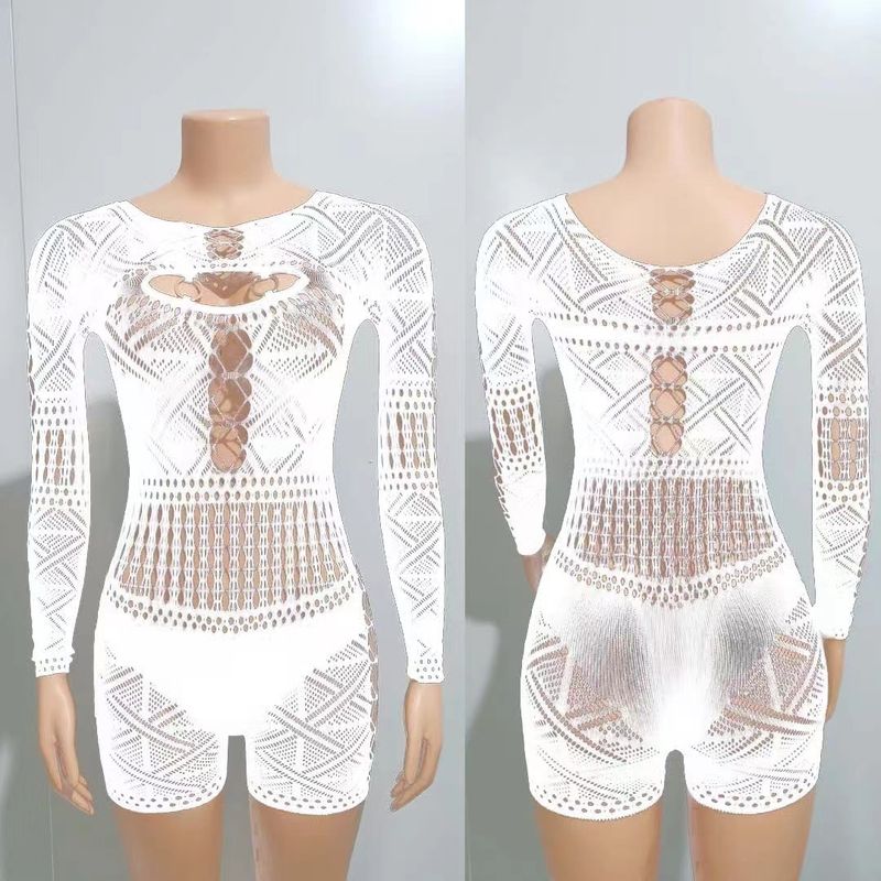 2024 Summer Women's Fashion New Sexy Hollow Lace See-through High Waist Tight Knitted Jumpsuit Shorts For Women_voghion.com