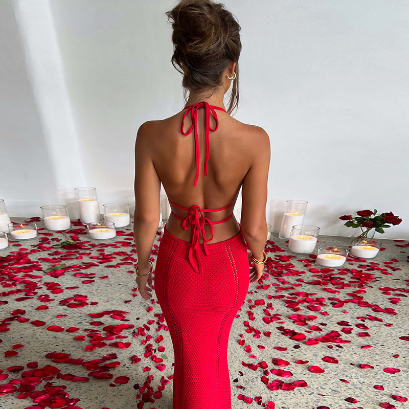Women's street wind pure desire halter top hanging neck wrapped chest hollow splicing lace-up dress woman_voghion.com