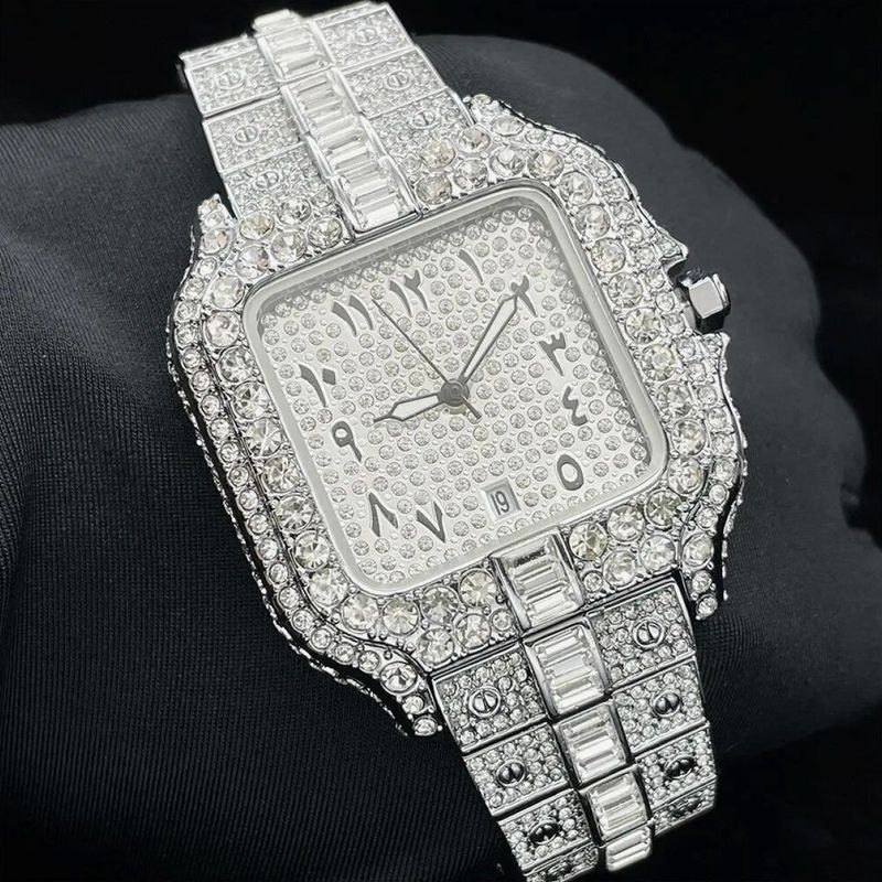 Men's Hip Hop Square Dial Quartz Watch With Full Diamond Accents And Arabic Numerals, 30M Water Resistant, Stainless Steel Case_voghion.com