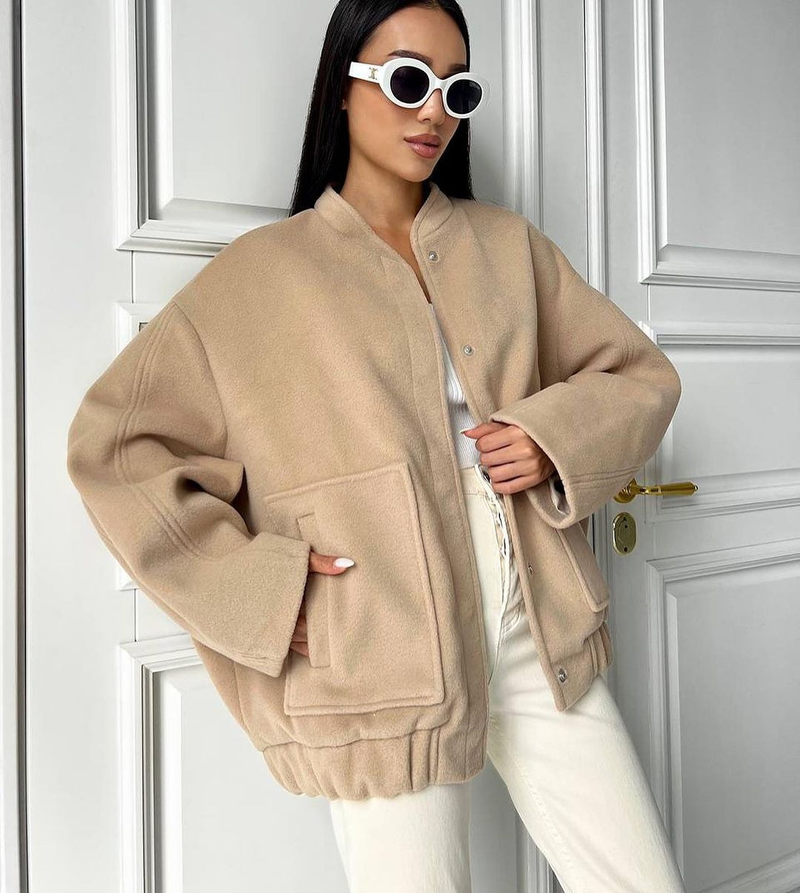 Women's style stand-up collar large pocket solid color women's jacket_voghion.com