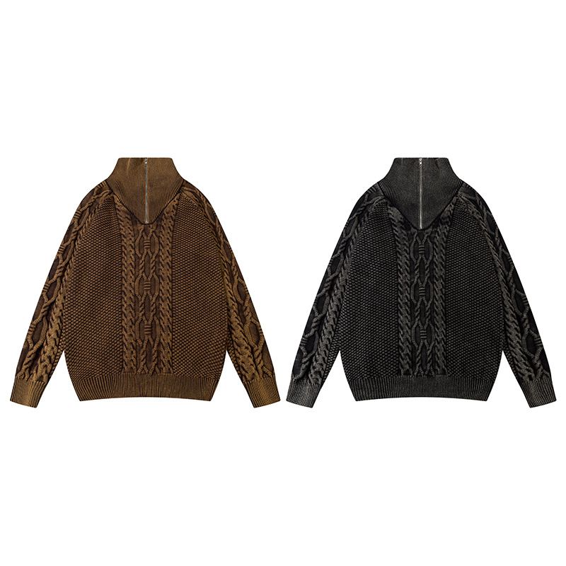 Herrenbekleidung Retro Washed Distressed Rollkragenpullover mit halbem Reißverschluss für Männer Ins Trendy Hip Hop Loose Knit Sweater Top_voghion.com