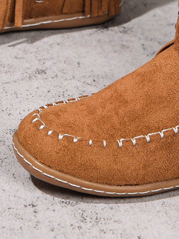 Large Size Rivet Fringe Metal Buckle Short Boots Autumn And Winter New Flat Warm Women's Boots_voghion.com