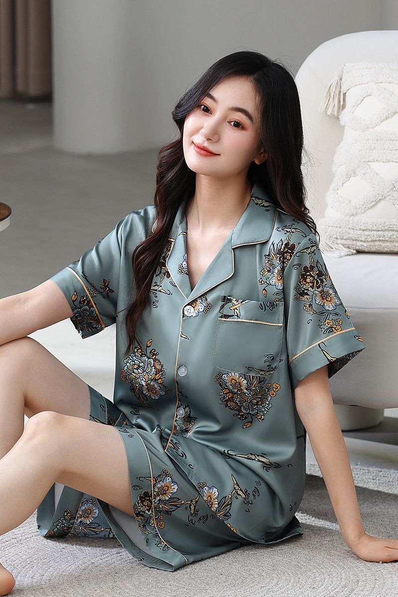 Pyjama d'été pour femme, short à manches courtes en satin glacé, sensation de soie, revers fin et frais, ensemble de vêtements d'intérieur_voghion.com