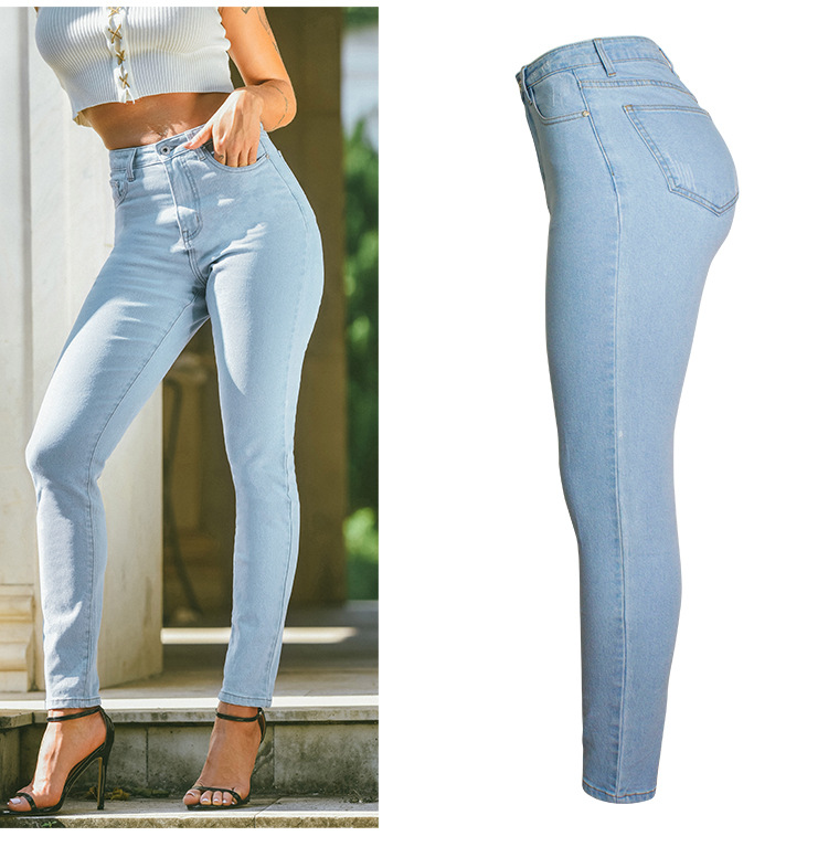 Vêtements pour femmes, pantalon en denim extensible slim taille haute, jean slim délavé de couleur unie_voghion.com