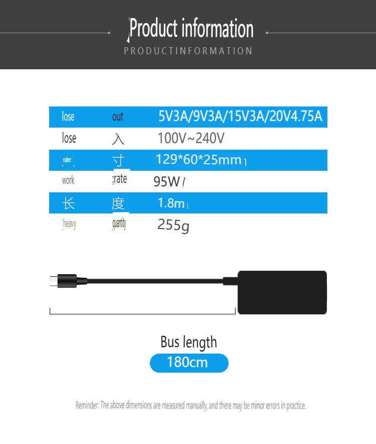 Carregador rápido USB-C PD universal de 95 W para todos os laptops - Adaptador de energia de 20 V e 4,75 A (compatível com ASUS/HP/Dell/Acer/Lenovo)_voghion.com
