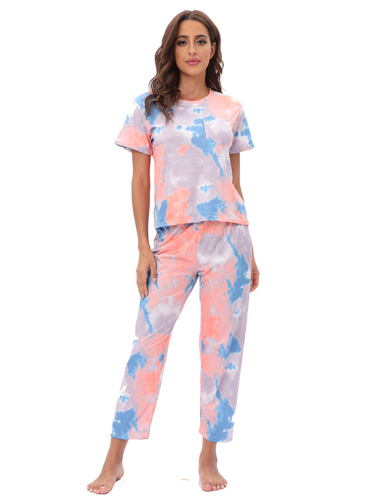 Heemkleeder Pyjama zweedeeleg Kuerzärmhosen Kostüm Quell Leopardendruck Tie-Dye_voghion.com