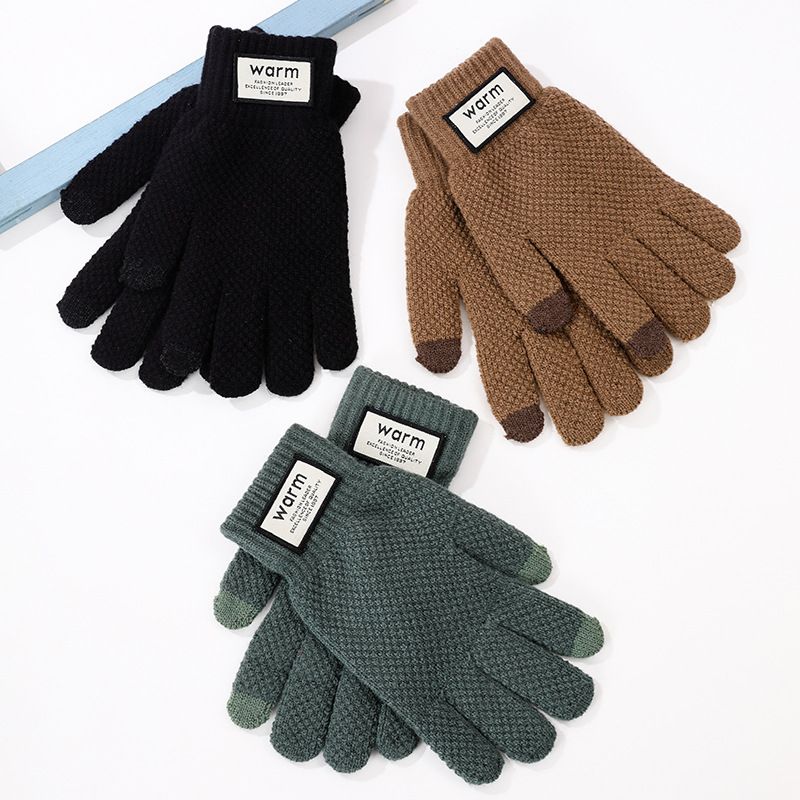 Winter Warm For Students, Korean Style, Simple Design, Unisex, Fleece-Lined, Thickened, Five-Finger Touchscreen,_voghion.com