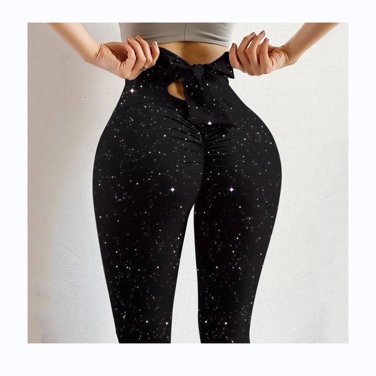 Pantaloni da yoga da yoga da donna con stampa multicolore antirughe sull'anca, dimagranti a vita alta, con fiocco elasticizzato_voghion.com